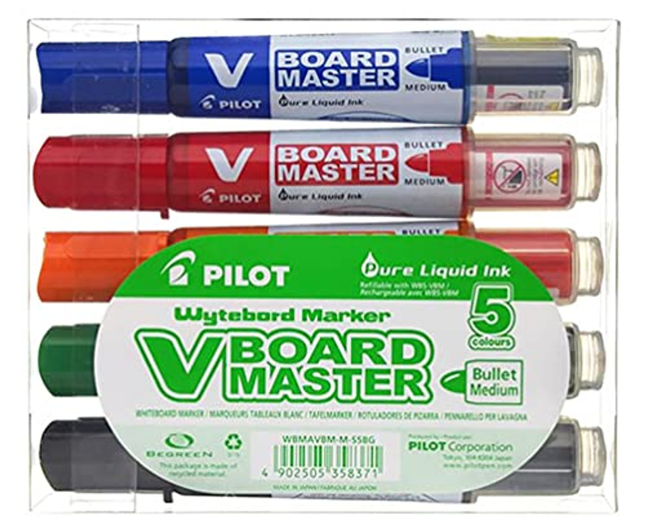 Pilot Begreen Recycled V Board Master Whiteboard Marker Bullet 6.0 mm Tip - Black/Red/Blue/Green/Orange, Wallet of 5