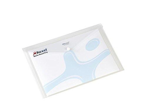 Rexel A4 Carry Folder - Translucent White (Pack of 5), clear translucent white folder with Rexel branding and a blue abstract design on the front.