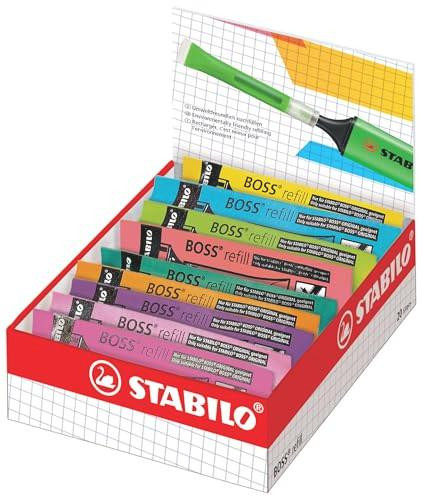 Highlighter - STABILO BOSS Original Refills - Pack of 20-9 x Neon Colours, colorful highlighter refills arranged in a display box with a highlighter pen on top.