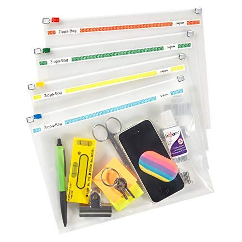 Snopake A5 Zippa-Bag with Top Zip, Pack of 25, 250 x 180 mm, transparent assorted zip strips, with stationery items including scissors, a stapler, a black smartphone, a yellow highlighter, a Sharpie, a key, and a small notebook.