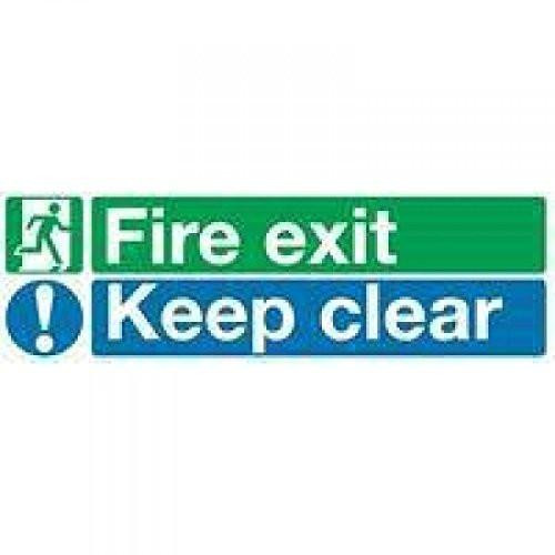 SIGNSLAB SR71733 EC08S/S Safety Sign "Fire Exit Keep Clear", Self-Adhesive, 150 mm x 450 mm, safety warning sign with fire exit LED icon and clear instruction for emergency evacuation