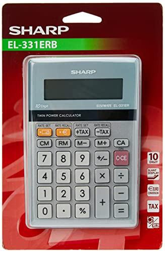 Sharp EL 331 ERB Calculator, Silver - Compact Silver Calculator with Large LCD Display and 10-Digit Numeric Keyboard in retail packaging.