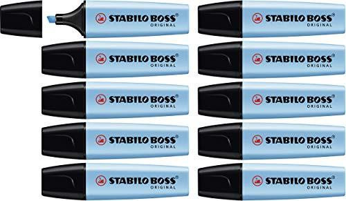 STABILO Highlighter BOSS ORIGINAL - Pack of 10 - Blue, image showing ten highlighters with blue ink and black caps arranged in a grid.