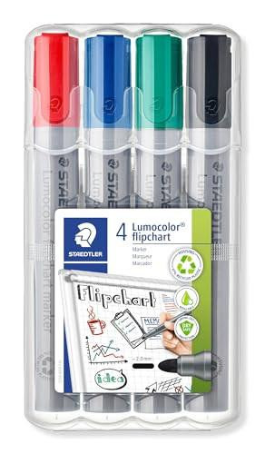 STAEDTLER 356 WP4 Lumocolor Flipchart Markers - Assorted Colours (Pack of 4), set of four colorful markers in red, blue, green, and black inside a clear plastic case.
