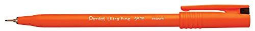 Pentel S570 Ultra Fine Pen, orange plastic pen with black tip and brand markings, 0.6mm tip for fine lines, pack of 12
