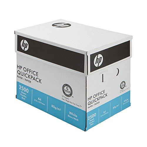 Hewlett Packard (HP) Office Paper Quickpack, white A4 paper box containing 2500 sheets of 80gsm paper in a no-wrap packaging, ideal for office printing needs.