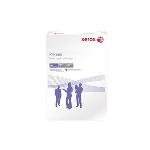Xerox Premier Copier Paper Multifunctional 90gsm 500 Sheets per Ream A4 White Ref 003R91854, image showing a white ream of Xerox Premier copier paper with printed specifications and silhouettes of people on the box.
