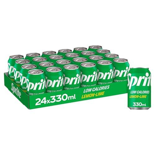 Sprite 24 x 330ml Cans, a pack of 24 green cans of Sprite lemon-lime soft drink with low calories, arranged in a display tray.