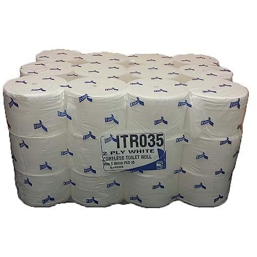 Esfina 2Ply Coreless Toilet Roll, image of 36 white toilet paper rolls stacked together in a plastic wrap packaging.