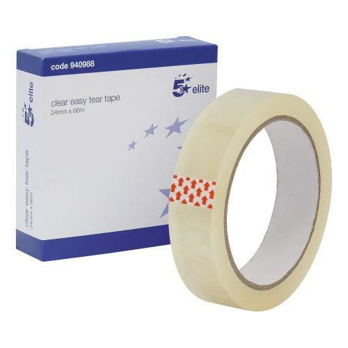 5 Star Elite 940988 24 mm x 66 m PP Core Easy Tear Tape - Clear, transparent tape roll next to its packaging box.
