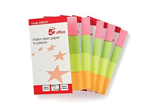 5 Star Index Flag Neon 4 Colours, set of four neon index flags in pink, green, orange, and yellow with packaging showing product details.