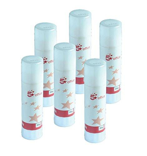 5 Star Office Glue Stick Solid Washable Non-Toxic Medium 20g [Pack 6], six white glue stick tubes with red accents and star designs for school and craft projects.