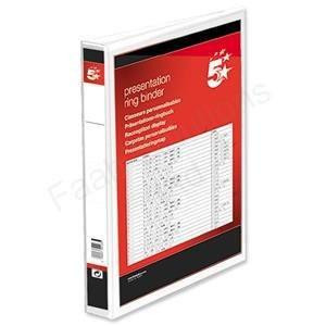 5 Star Presentation Ring Binder PVC 4 D-Ring 38mm Size A4 White [Pack 10], View of a pack of ten white A4 ring binders with black and red label design and transparent cover showing the binder's interior accessories.