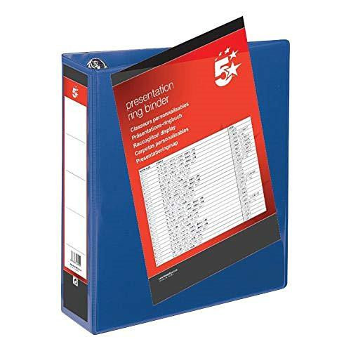 5 Star Presentation Ring Binder PVC 4 D-Ring 50mm Size A4 Blue, pack of 10, with a red and white label on the front cover showing the product details.