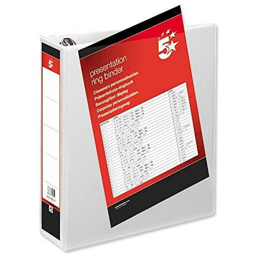 5 Star Presentation Ring Binder PVC 4 D-Ring 50mm Size A4 White, package of 10 white presentation binders with a 4 D-ring mechanism for organizing documents.