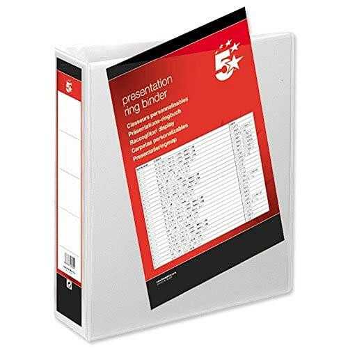 5 Star Presentation Ring Binder PVC 2 D-Ring 50mm Size A4 White, front view of pack containing 10 binders with red and black label on the cover.