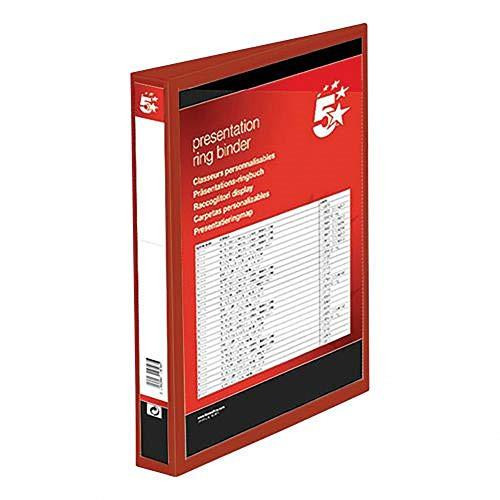 5 Star Presentation Ring Binder PVC 4 D-Ring 25mm Size A4 Red, pack of 10, with a clear front cover displaying a sheet of paper.