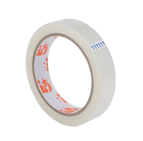 5 Star Clear Tape Roll Large Easy-tear Polypropylene 40 Microns 19mm x 66m PK 8, close-up of the transparent tape roll showing its smooth surface and core with red and white text