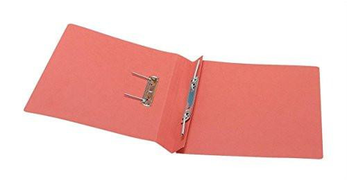 5 Star Office Transfer Spring File 285gsm 38mm Foolscap Red, open red transfer file with metal fastener and elastic strap for secure storage.
