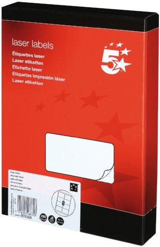 5 Star Addressing Labels Laser 8 per Sheet 99.1x67.7mm White, retail packaging box with red and black design and label illustration on front.