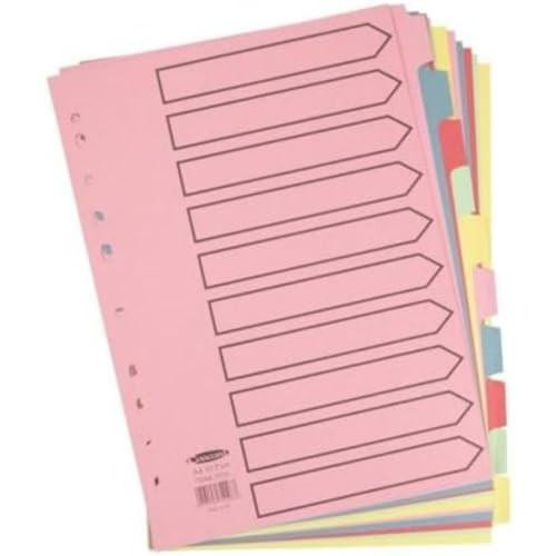 Concord Subject Dividers 230 Micron 10-Part Printed A4 Assorted Ref 72098/PJ20, pink and multi-colored A4 file dividers with tabbed labels for organization.