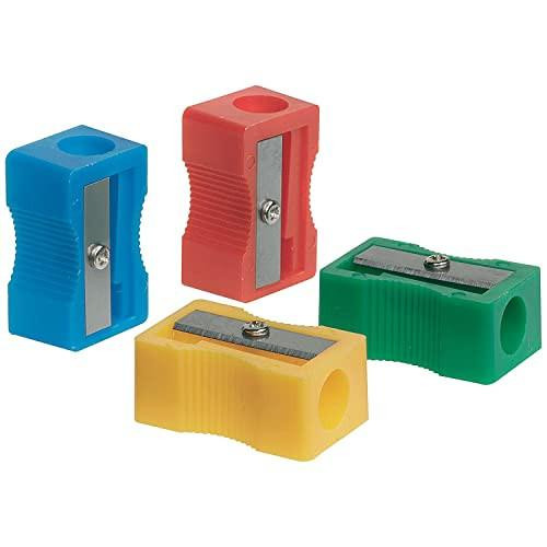 Q-Connect Plastic Pencil Sharpener Single Hole Assorted Pack of 10, colorful plastic sharpeners in blue, red, green, and yellow with metal blades.