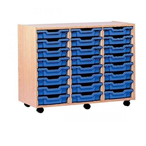 FF Jemini Mob Storage Unit 24 Tray Beech, wooden storage cabinet with 24 blue trays and caster wheels for mobility.