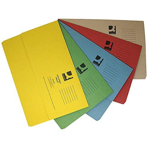 Q-Connect Document Wallets Foolscap Assorted, colorful pack of 50 in yellow, green, blue, red, and brown, with labels for document organization.