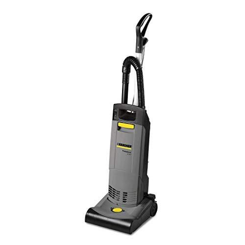 Karcher Upright Vacuum Cleaner, modern upright vacuum with a sleek gray and black design and yellow accents, standing upright on a white background for cleaning floors.