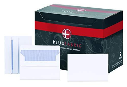 Plus Fabric C6 White 120gsm Self Seal Wallet Box of 500 Envelopes, showing a box of white self-seal envelopes with a few opened and closed envelopes in front.