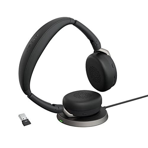 Jabra Evolve2 65 Flex - Stereo Headset with Bluetooth, Wireless Charging Pad, Noise-cancelling Jabra ClearVoice Technology and Hybrid ANC - Certified for MS Teams in black, featuring over-ear design with boom microphone and wireless charging base.