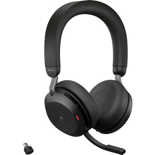 Jabra Evolve2 75 Wireless PC Headset with 8-Microphone Technology, Dual Foam Stereo Headphones, and Advanced Active Noise Cancellation, featuring USB-C Bluetooth Adapter and MS Teams-compatibility, in black.