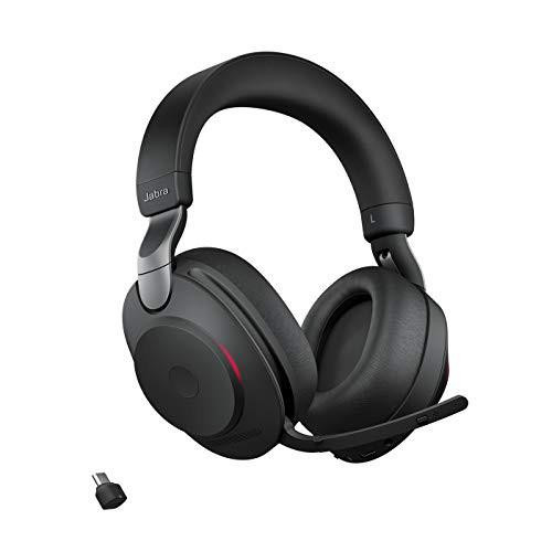 Jabra Evolve2 85 Wireless PC Headset, noise-canceling stereo headphones with long-lasting battery, USB-C Bluetooth adapter, and black color.