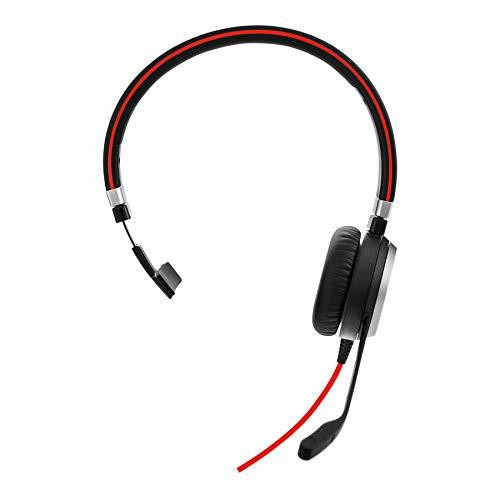 Jabra Evolve 40 MS Mono Headset, black headphones with microphone and USB-C cable, designed for Microsoft Teams certified VoIP calls with passive noise cancellation.