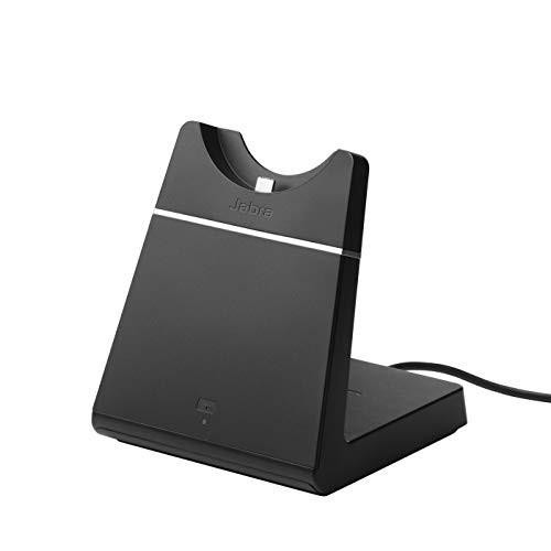 Jabra Evolve 65 Charging Stand, black wireless headset charging dock with built-in charging port.