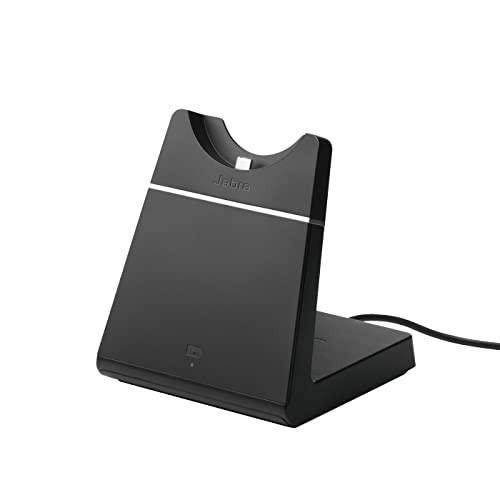 Jabra Evolve 75 Charging Stand, black wireless desk charger for Evolve 75 headset with fast charging capability, designed for call centres and workspaces.