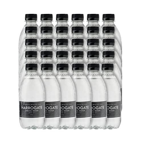 Harrogate Still Spring Water, 330 ml (Pack of 30) - a set of 30 clear plastic bottles filled with still spring water, each with a black cap and label.