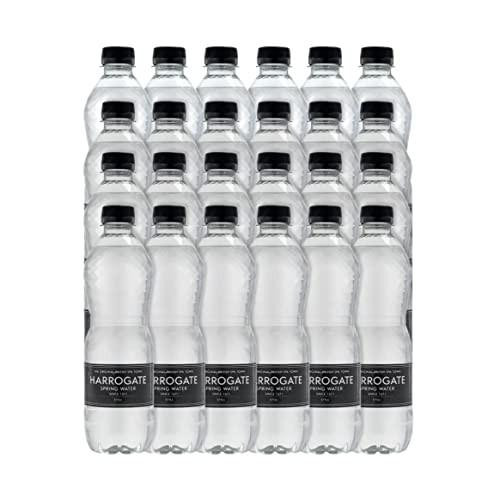 HARROGATE Still Spring Water, 500 ml, 24-Count, clear plastic bottles with black caps and labels, arranged in a group.