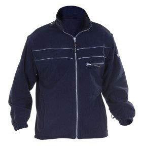 Toptex Classic Fleece - Dark Blue, image of a navy blue fleece jacket with a front zip, horizontal white stripes on the chest, and a stand-up collar.