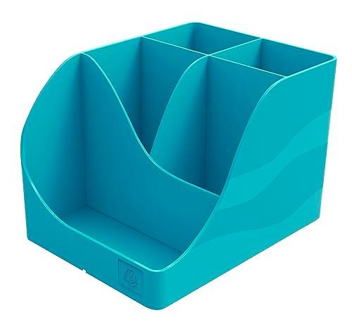 Exacompta - SKU 69534D - 1 Skandi Pen Wave Pencil Holder Pacific Blue, with 5 compartments including 4 large high sections for utensils and 1 lower small section for smaller items.