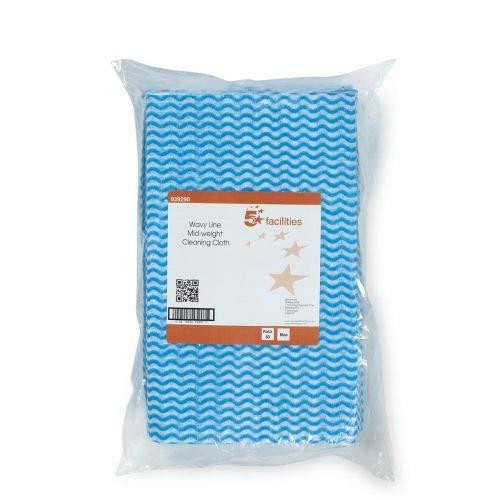 5 Star Cleaning Cloths, Anti-microbial blue cleaning cloth in clear plastic packaging with product label showing dimensions 500x300mm and pack of 50.