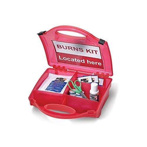 5 Star Facilities Burns Kit, first aid burn treatment kit with scissors, burn ointment, and supplies in a red plastic case.