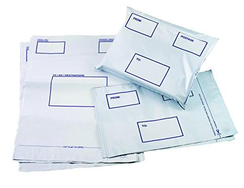 5 Star Elite Envelope Polythene Opaque C3 335x430mm Peel & Seal, product image of white mailing envelopes with blue printed address fields for sender and recipient, pack of 100.