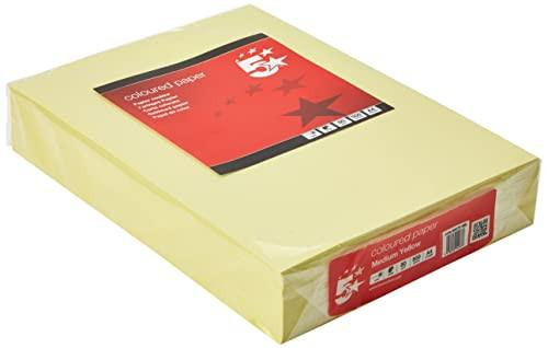 5 Star Coloured Copier Paper Multifunctional Ream-Wrapped 80gsm A4 Medium Yellow, showing a ream of yellow A4 copier paper in its packaging with red and black branding and 500 sheets.