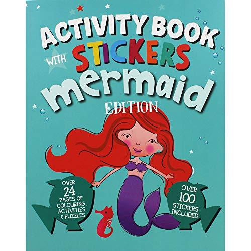 Eurowrap 26070-MERMC Activity Book, Green, featuring a mermaid on the cover with colorful stickers and pages of coloring activities and puzzles.