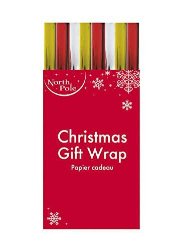 Eurowrap 3 Metre Plain Metallic Wrapping Roll Assorted, red packaging with decorative snowflakes and Christmas theme, containing metallic wrapping paper.