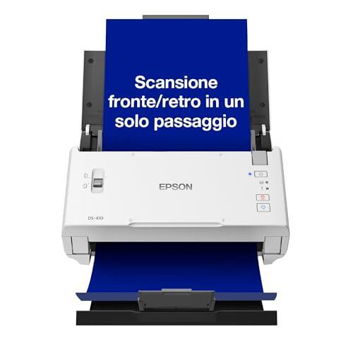 Epson WorkForce DS-410 document scanner B11B249401, front view showing A4 document scanning, duplex scanning capability, USB connectivity, and automatic document feeder (ADF).