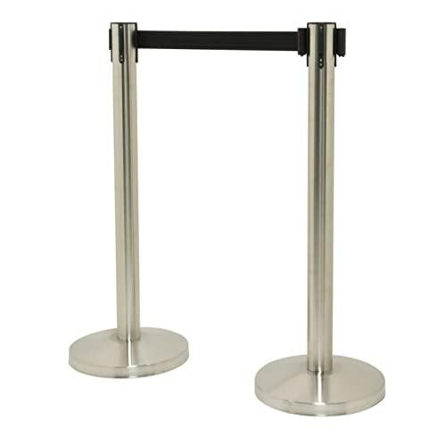 Securit Stop System Queue Barrier with Retractable Belt, Crowd Control Barriers with 190cm Nylon Belts, Safety Barriers for Shops, Airport or Events - Set of 2, Chrome/Black, stainless steel stanchions with black retractable belts forming a queue line.