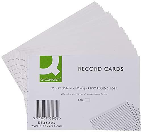 Q-Connect Record Card 152x102mm Ruled Feint White, stack of ruled white index cards for note-taking or organizing information.