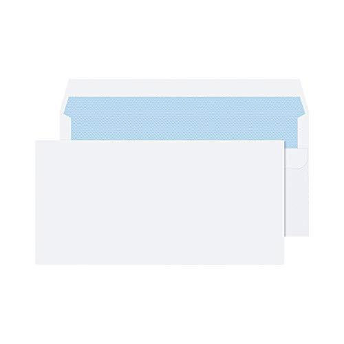 Q-Connect DL Envelopes Wallet Self Seal 90gsm White Pack of 1000, image showing a stack of white DL size self-sealing envelopes with blue interior flaps.